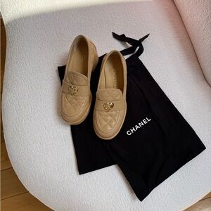 CHANEL Lambskin Quilted CC HEART Loafers in Beige